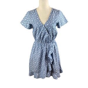 J. Crew Mercantile V-Neck Short Sleeve Denim-Look Dress W/White Flowers, Size XS